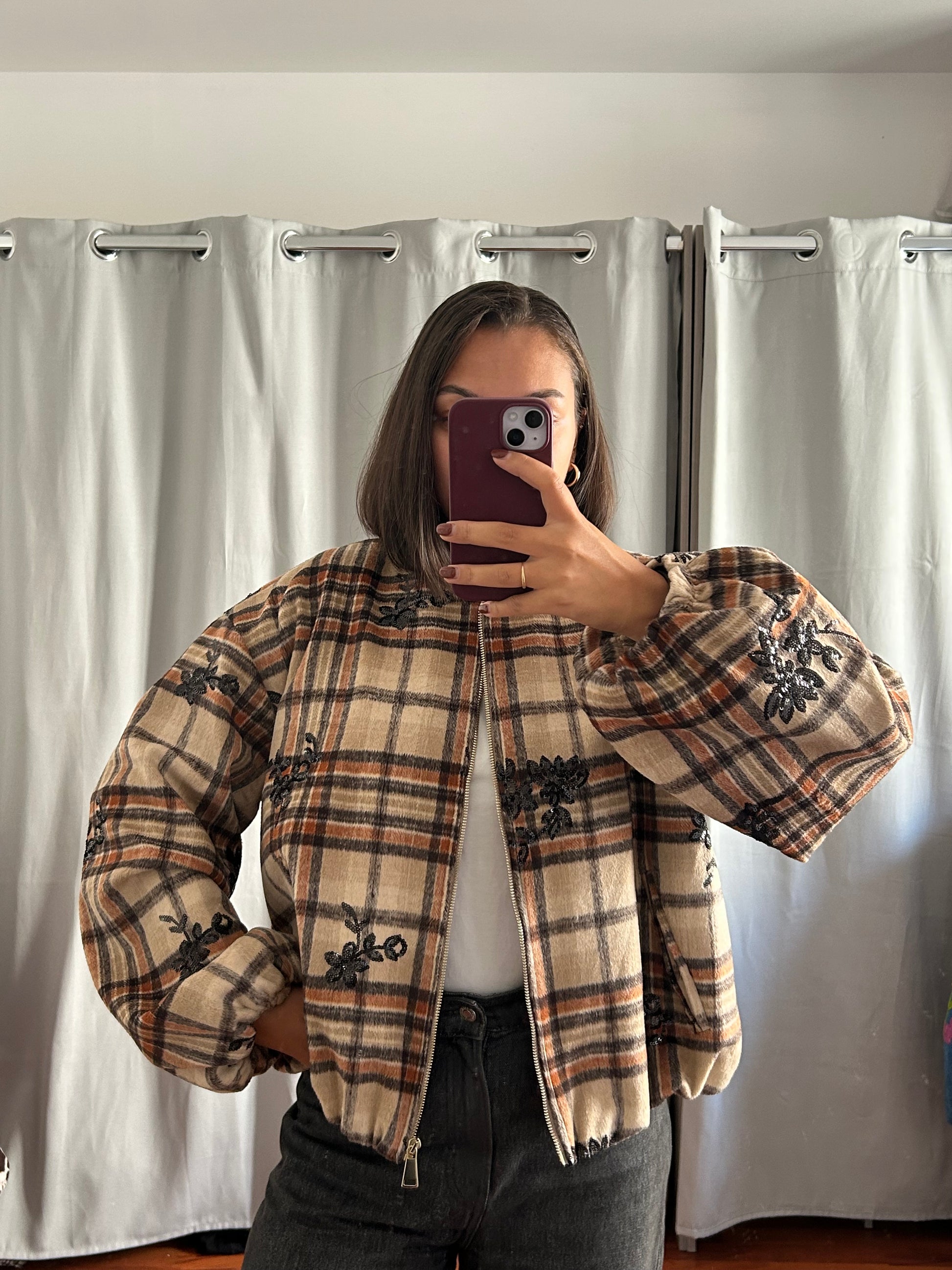 Veste bombers à carreaux brodés beige & marron