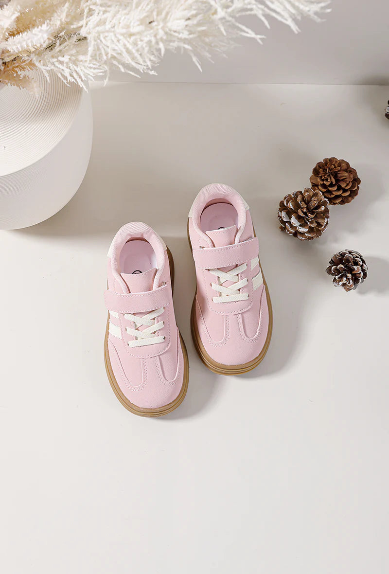 Baskets Enfant Rose à Bandes Blanches – Semelle Épaisse Camel – Chaussures Enfant