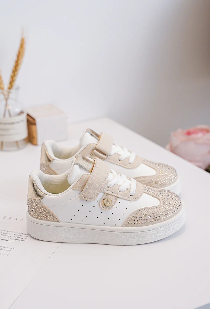 Baskets Enfant Strass – Chaussures Enfant – Blanc et Beige – Élégantes et Confortables
