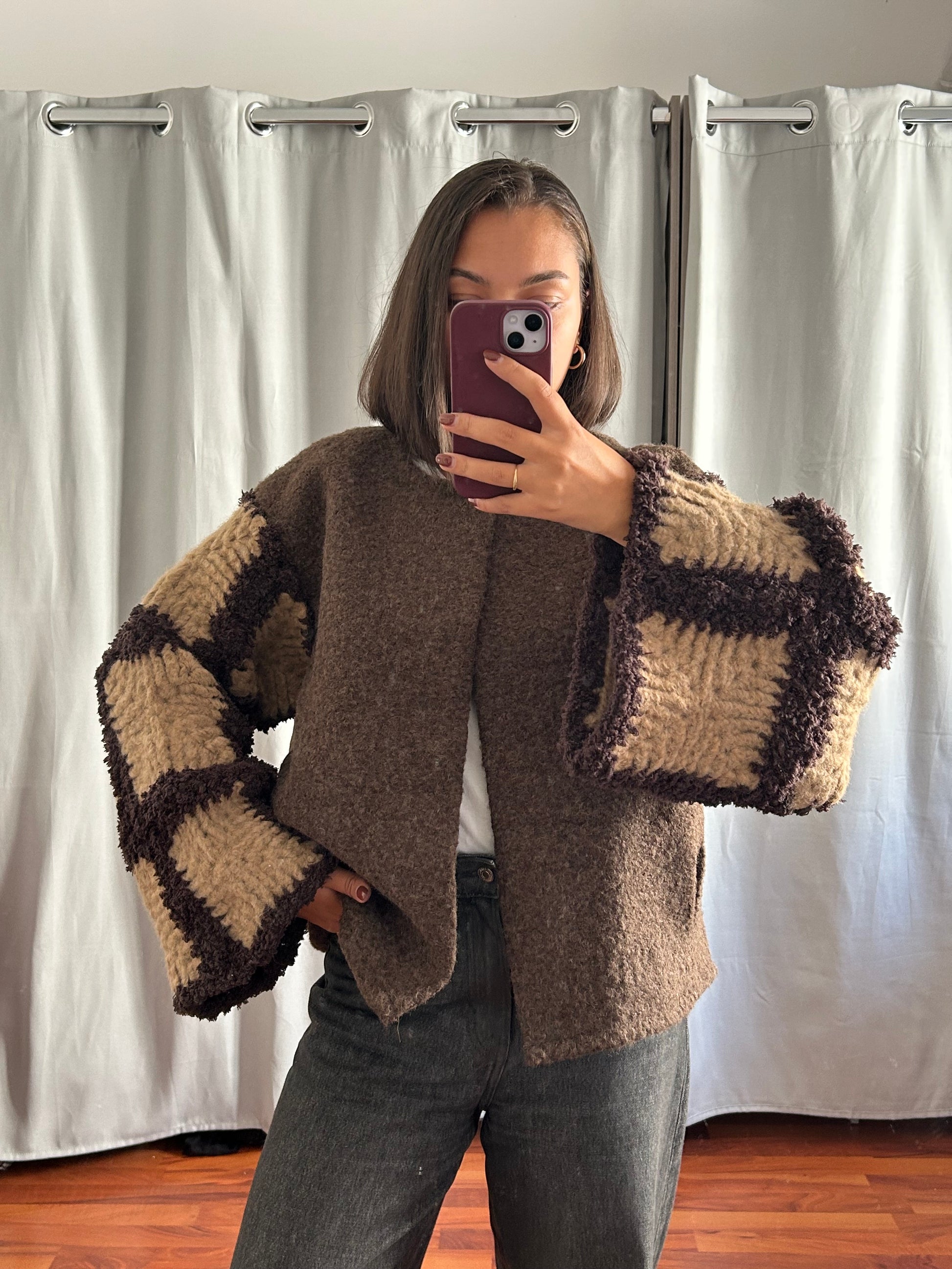 Veste courte bicolore effet laine marron & beige