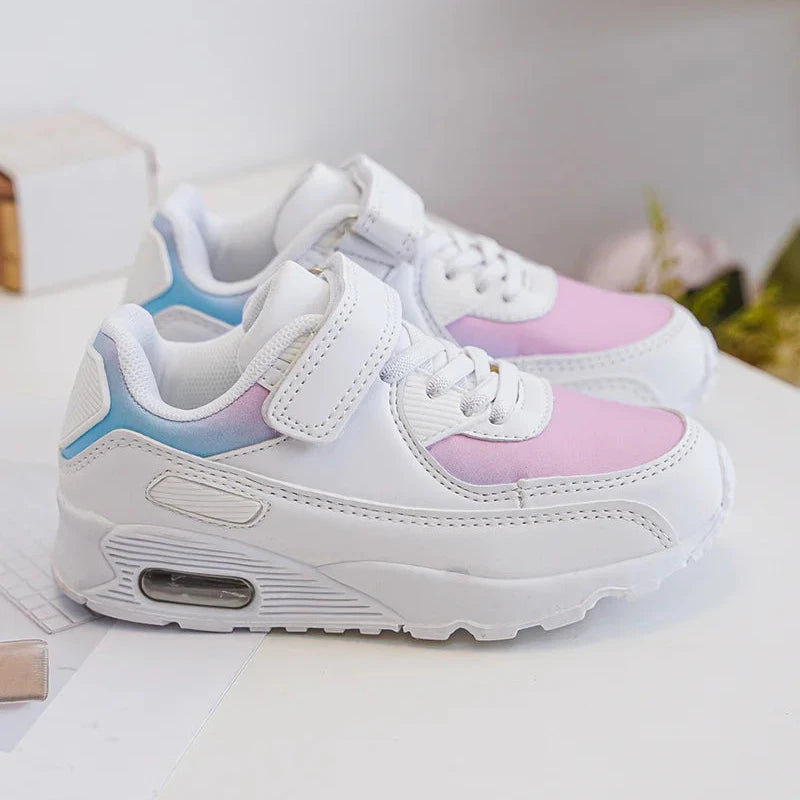 Baskets Enfant à Scratch – Chaussures Sport Enfant – Confortables et Légères – Blanc, Rose et Bleu