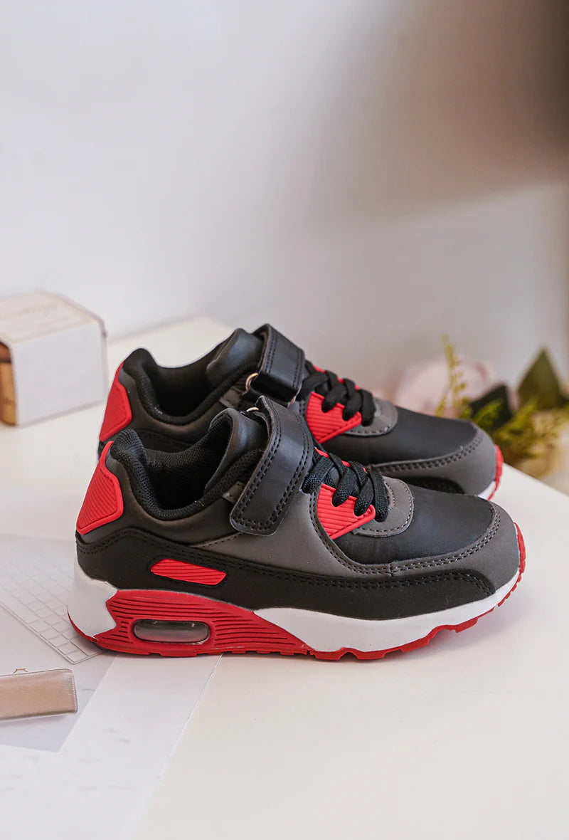 Baskets Enfant à Scratch – Chaussures Sport Enfant – Confortables et Légères – Gris, Noir et Rouge