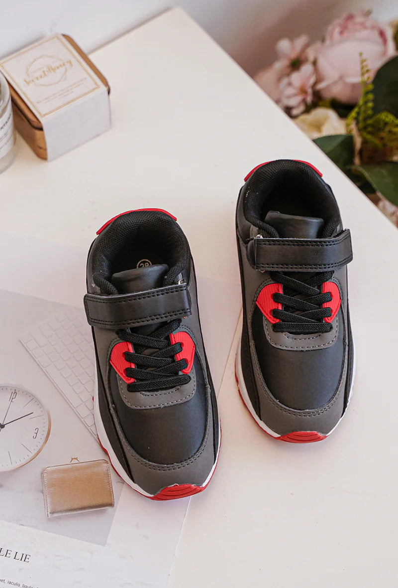 Baskets Enfant à Scratch – Chaussures Sport Enfant – Confortables et Légères – Gris, Noir et Rouge