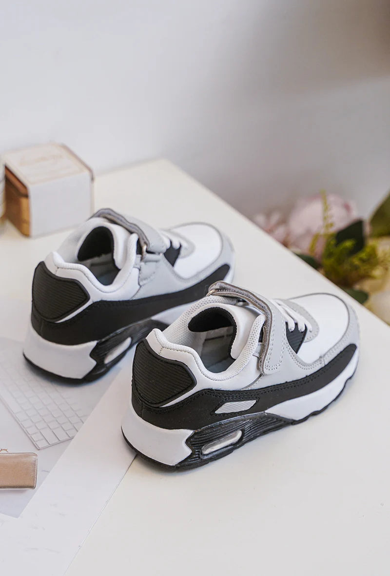 Baskets Enfant à Scratch – Chaussures Sport Enfant – Confortables et Légères – Blanc, Gris et Noir