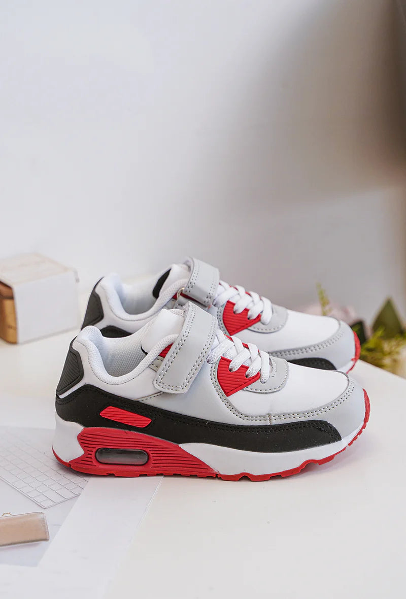 Baskets Enfant à Scratch – Chaussures Sport Enfant – Confortables et Légères – Blanc, Gris et Rouge