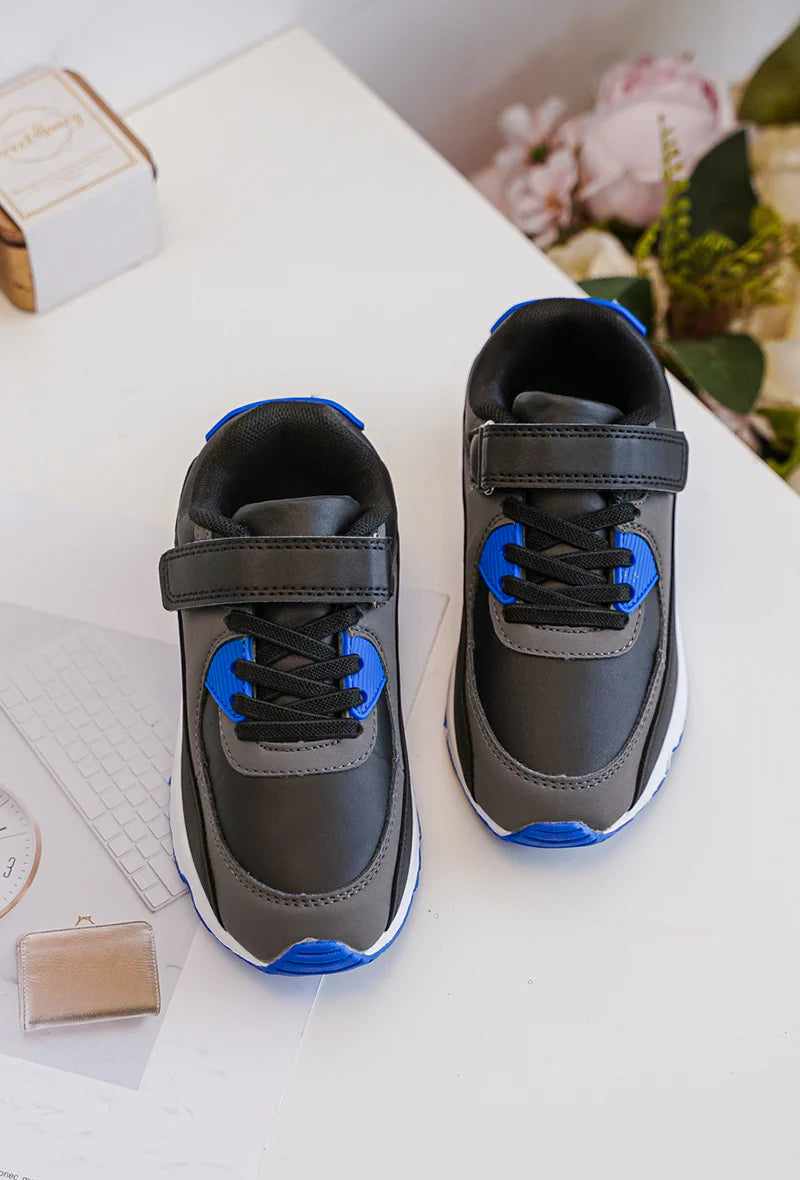 Baskets Enfant à Scratch – Chaussures Sport Enfant – Confortables et Légères – Gris, Noir et Bleu